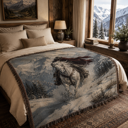 Winter mountain rider woven blanket displayed across a rustic alpine bed