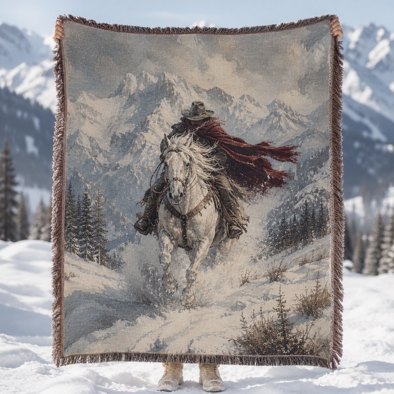 Winter mountain rider woven blanket front display with white horse and snowy peaks
