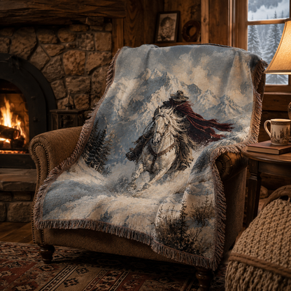 Winter mountain rider woven blanket styled on an armchair beside a cabin fireplace