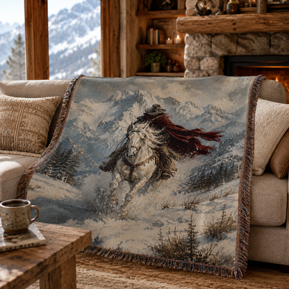 Winter mountain rider woven blanket styled on a sofa in a rustic alpine cabin