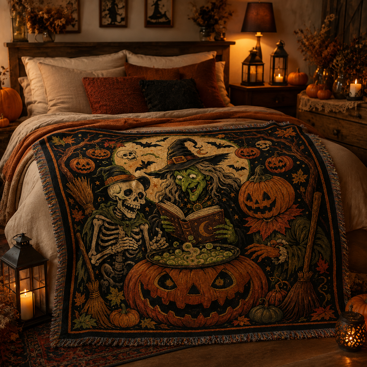 Vintage Halloween woven blanket draped softly across a cozy bed with witch, skeleton and pumpkin artwork