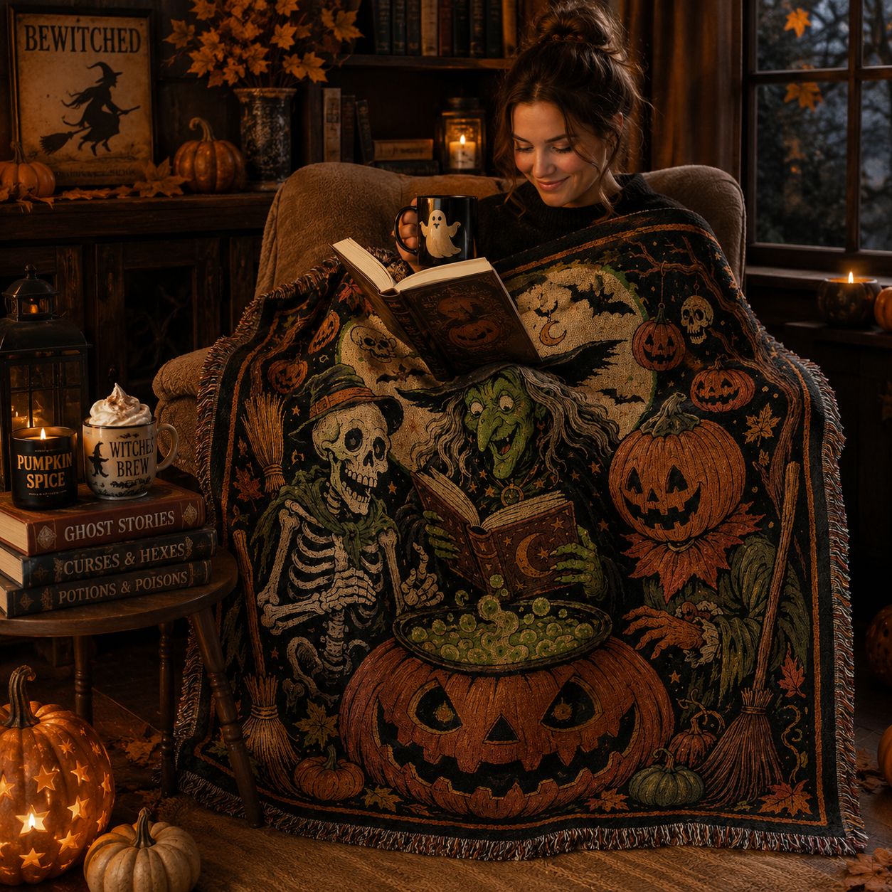 Woman reading in a cozy Halloween nook wrapped in a soft witch skeleton pumpkin woven blanket