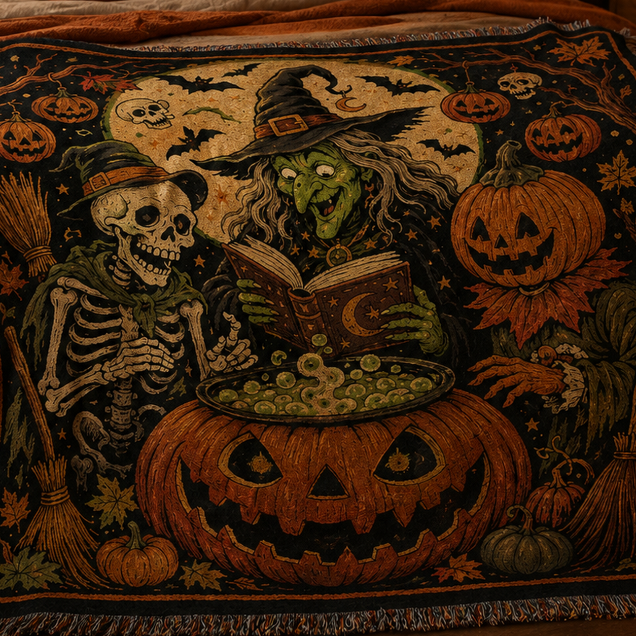 Close-up lifestyle view of Halloween woven blanket with soft folds, flexible drape and fringed edge