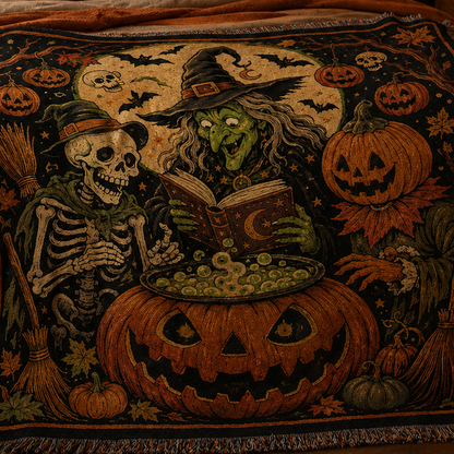 Close-up lifestyle view of Halloween woven blanket with soft folds, flexible drape and fringed edge