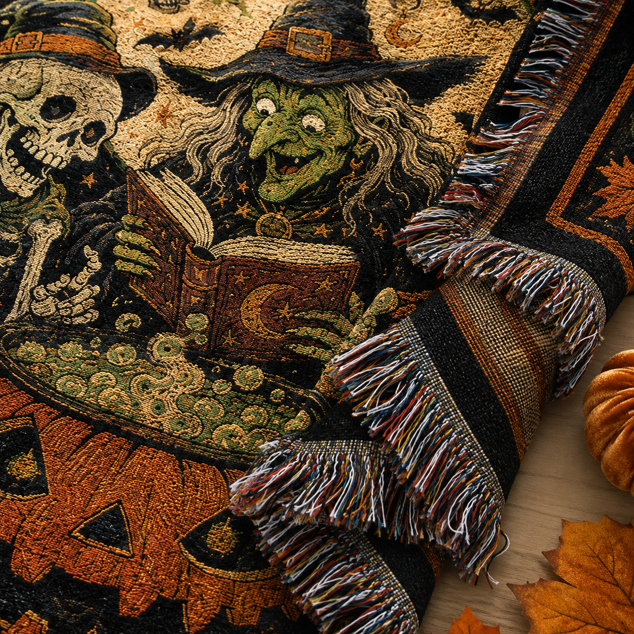 Macro close-up of Halloween woven blanket showing detailed yarn texture, witch artwork and multicolor fringe