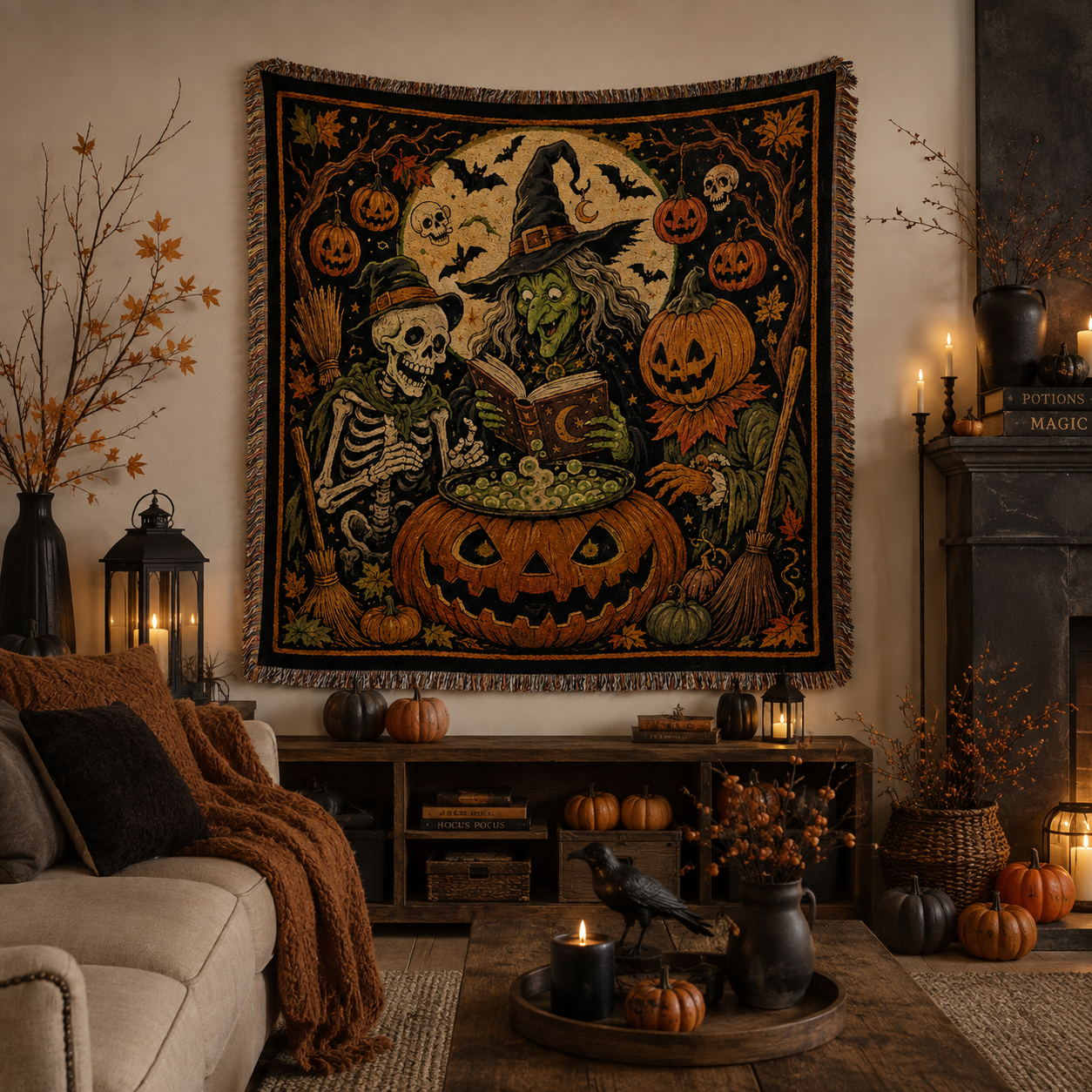Halloween woven blanket displayed as wall decor with witch, skeleton, pumpkin scarecrow and glowing jack-o-lantern cauldron