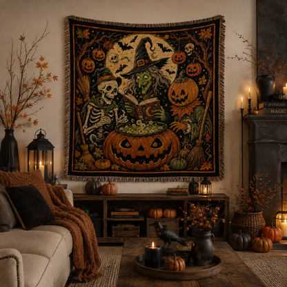 Halloween woven blanket displayed as wall decor with witch, skeleton, pumpkin scarecrow and glowing jack-o-lantern cauldron