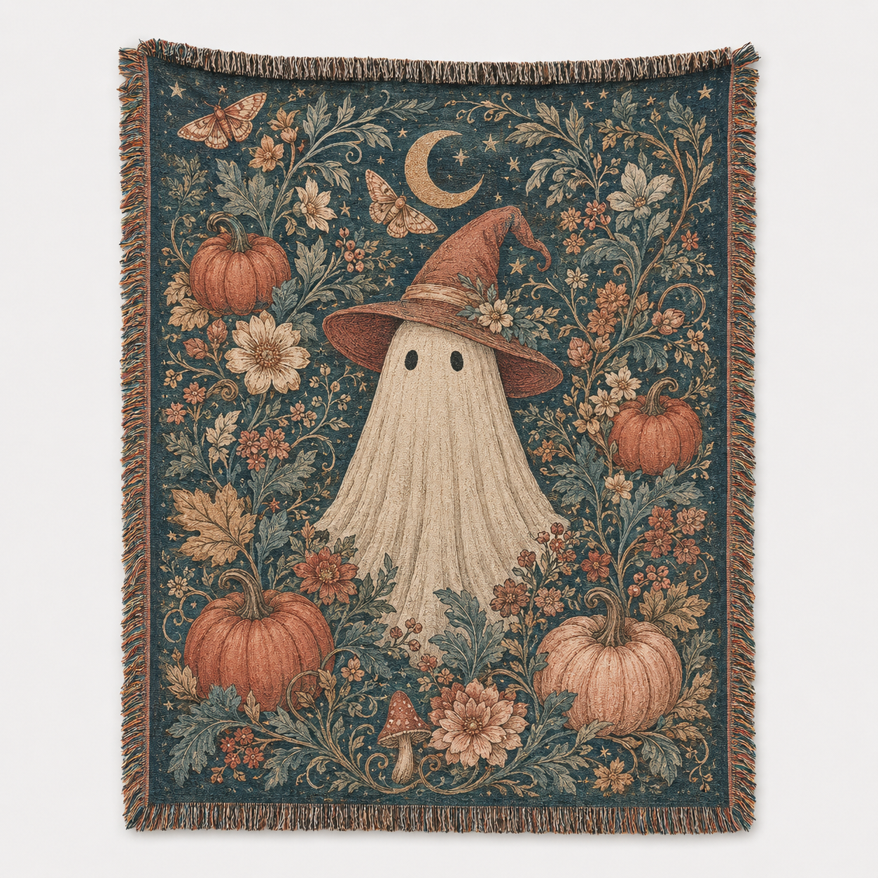 Witch ghost botanical Halloween woven blanket with pumpkins, crescent moon, moths and floral fringe