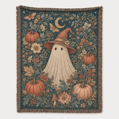Witch ghost botanical Halloween woven blanket with pumpkins, crescent moon, moths and floral fringe