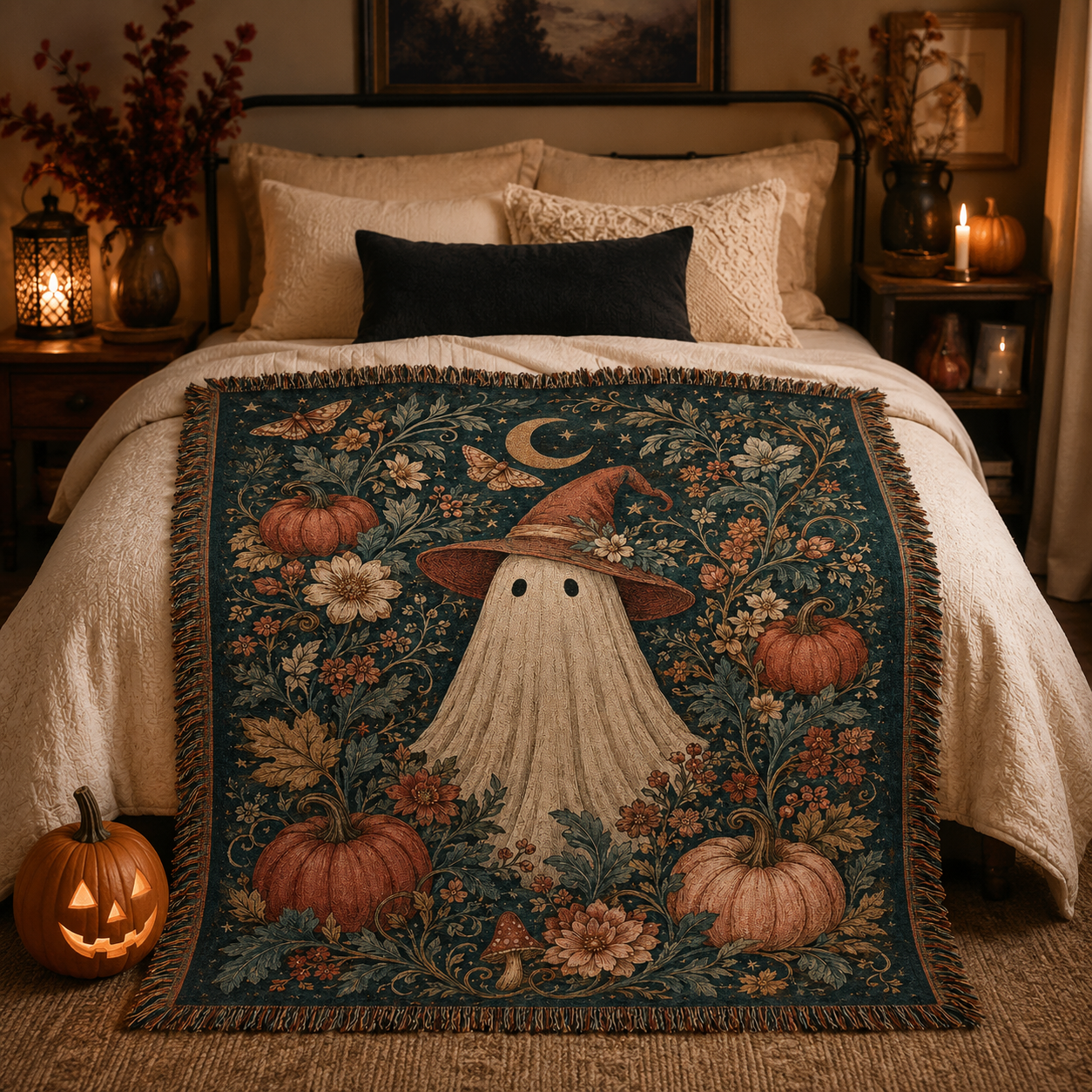Botanical witch ghost woven blanket displayed on a cozy Halloween bedroom bed with pumpkins and candlelight