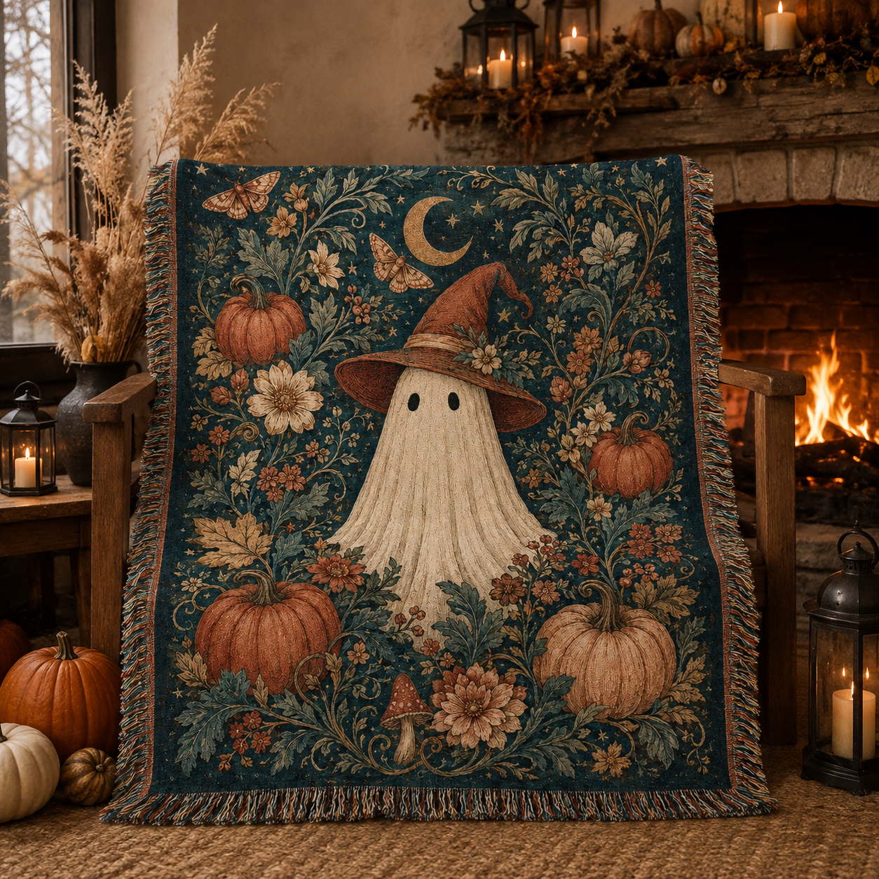 Witch ghost botanical Halloween woven blanket styled beside a warm fireplace with lanterns and pumpkins