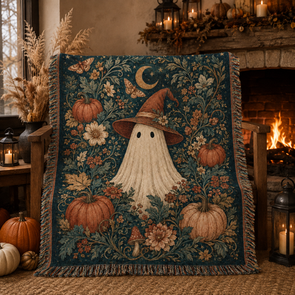Witch ghost botanical Halloween woven blanket styled beside a warm fireplace with lanterns and pumpkins
