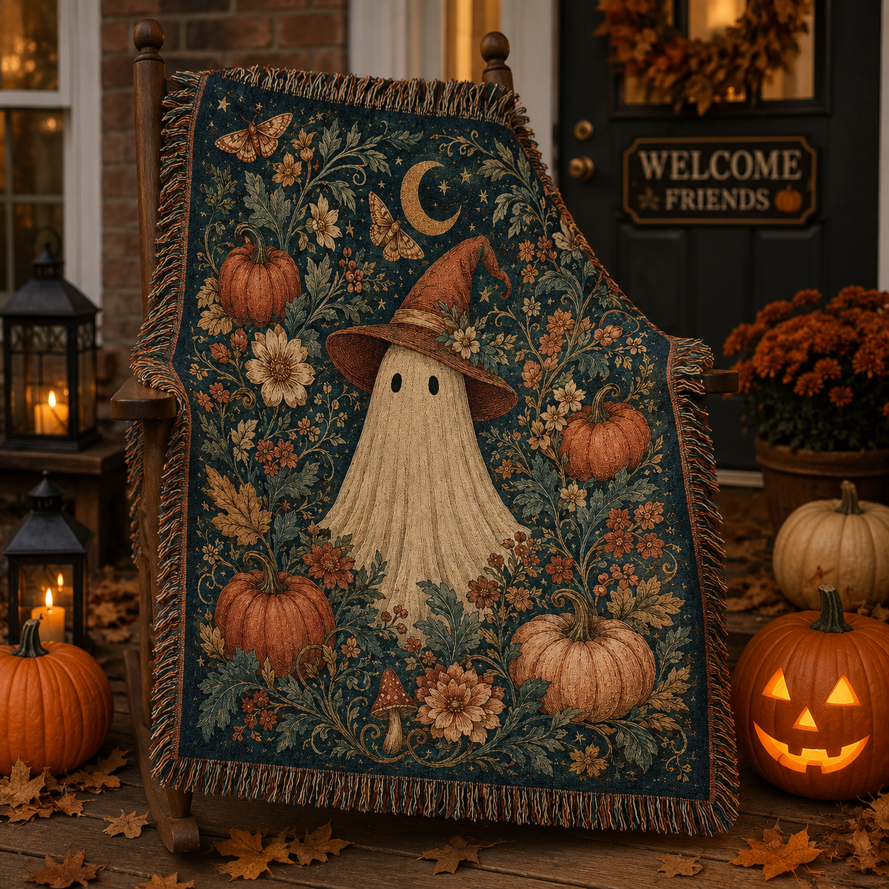 Botanical witch ghost Halloween woven blanket on a porch rocking chair with jack-o-lanterns and fall leaves