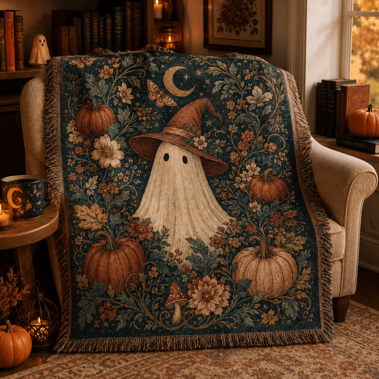 Vintage botanical ghost Halloween woven blanket draped over an armchair in a cozy autumn reading nook