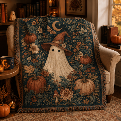 Vintage botanical ghost Halloween woven blanket draped over an armchair in a cozy autumn reading nook
