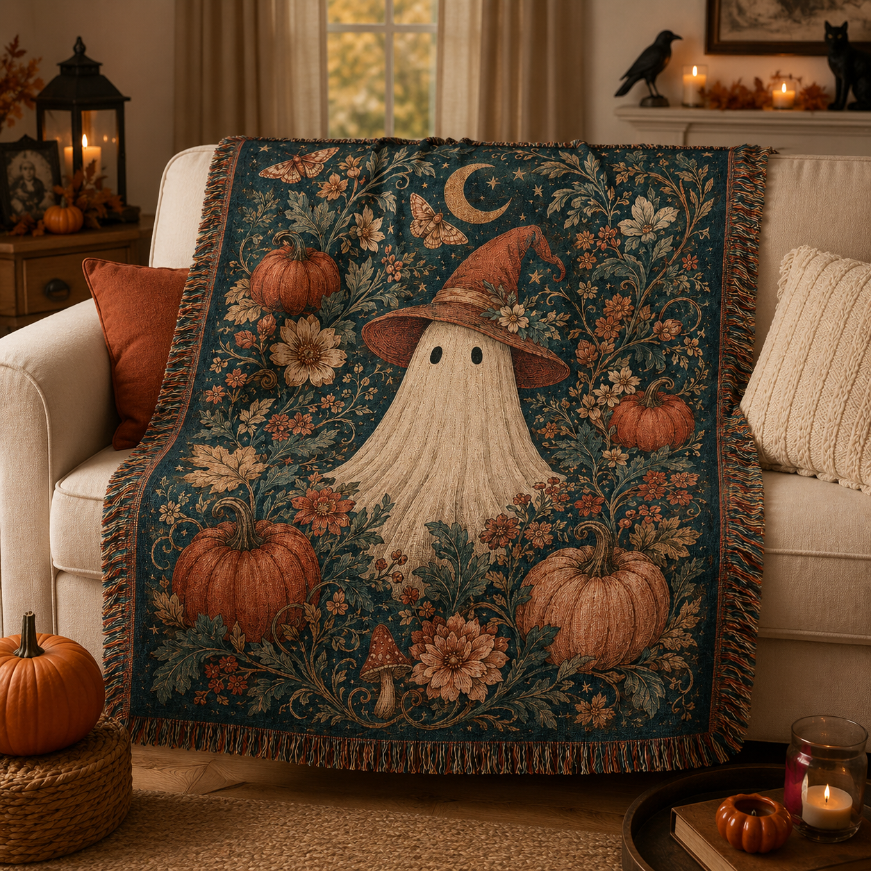 Witch ghost Halloween woven blanket styled on a cozy sofa with pumpkins, candles and autumn decor