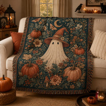 Witch ghost Halloween woven blanket styled on a cozy sofa with pumpkins, candles and autumn decor