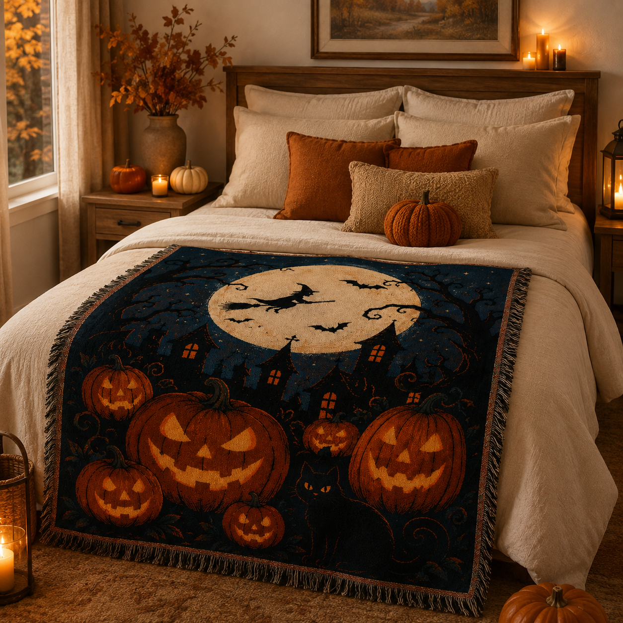 Halloween witch moon woven blanket styled across a cozy autumn bedroom with soft folds and fringe