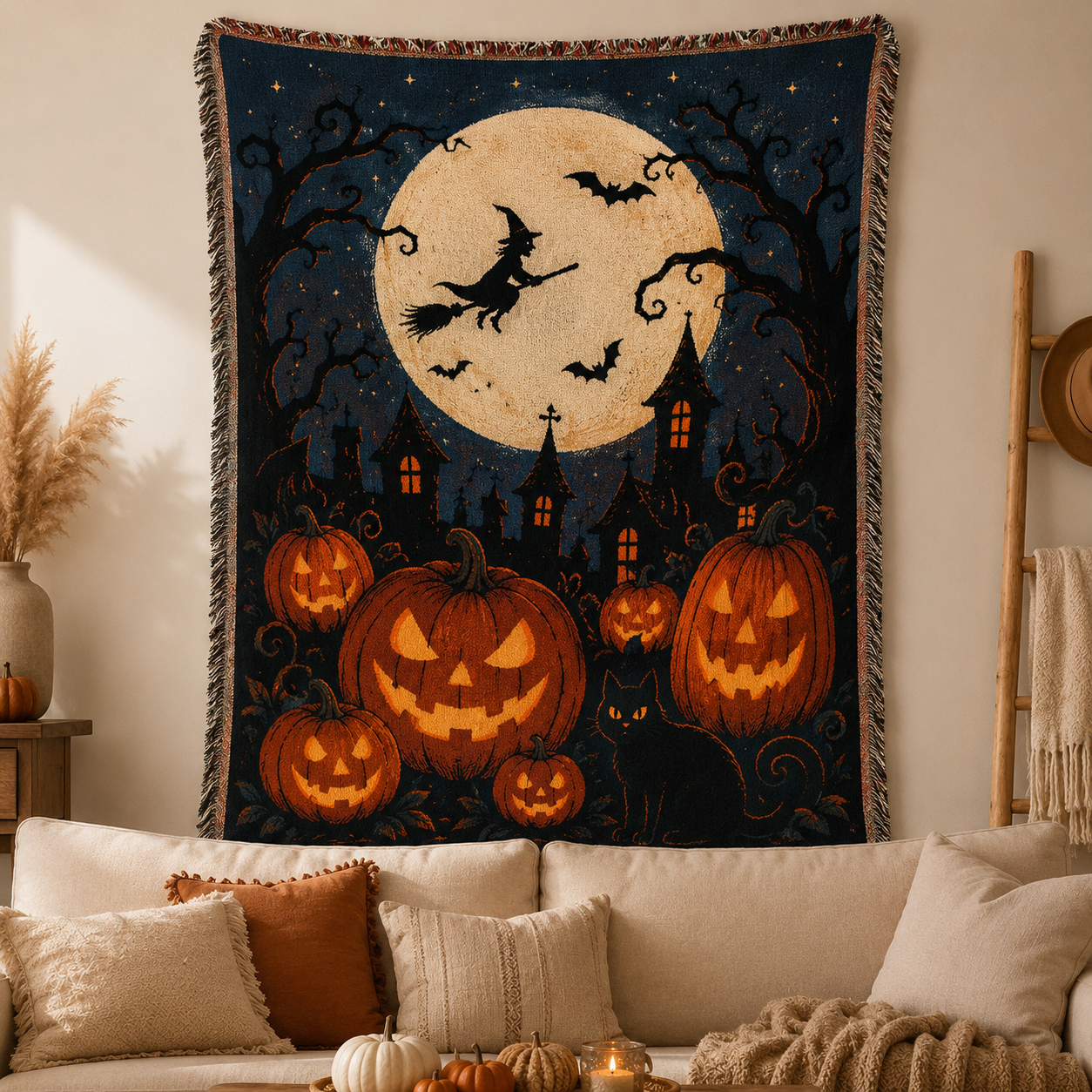 Halloween woven blanket with full moon, flying witch, jack-o-lantern pumpkins, black cat and fringe