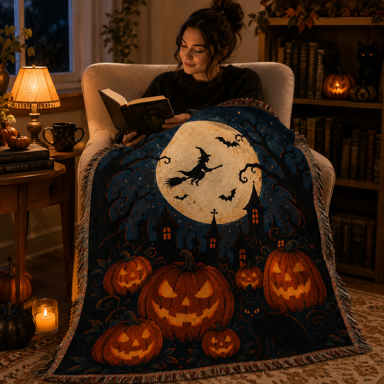 Reader using moonlit witch and pumpkin Halloween woven blanket in a cozy reading nook