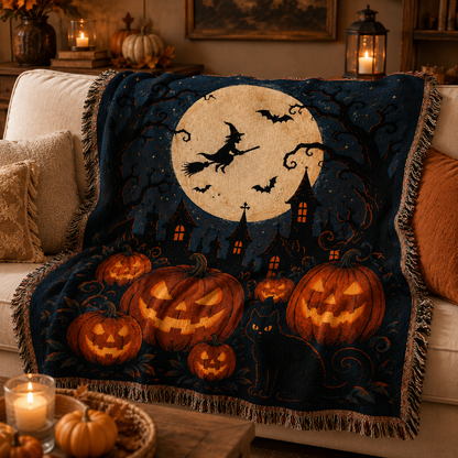 Moonlit Halloween woven blanket softly draped over a cozy sofa with pumpkins and candlelight