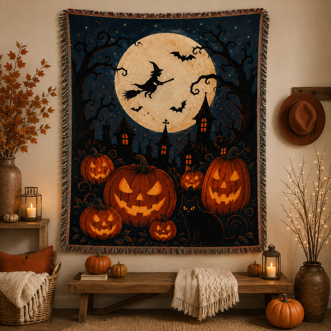 Moonlit witch and pumpkin Halloween woven blanket displayed as seasonal wall decor with fringe