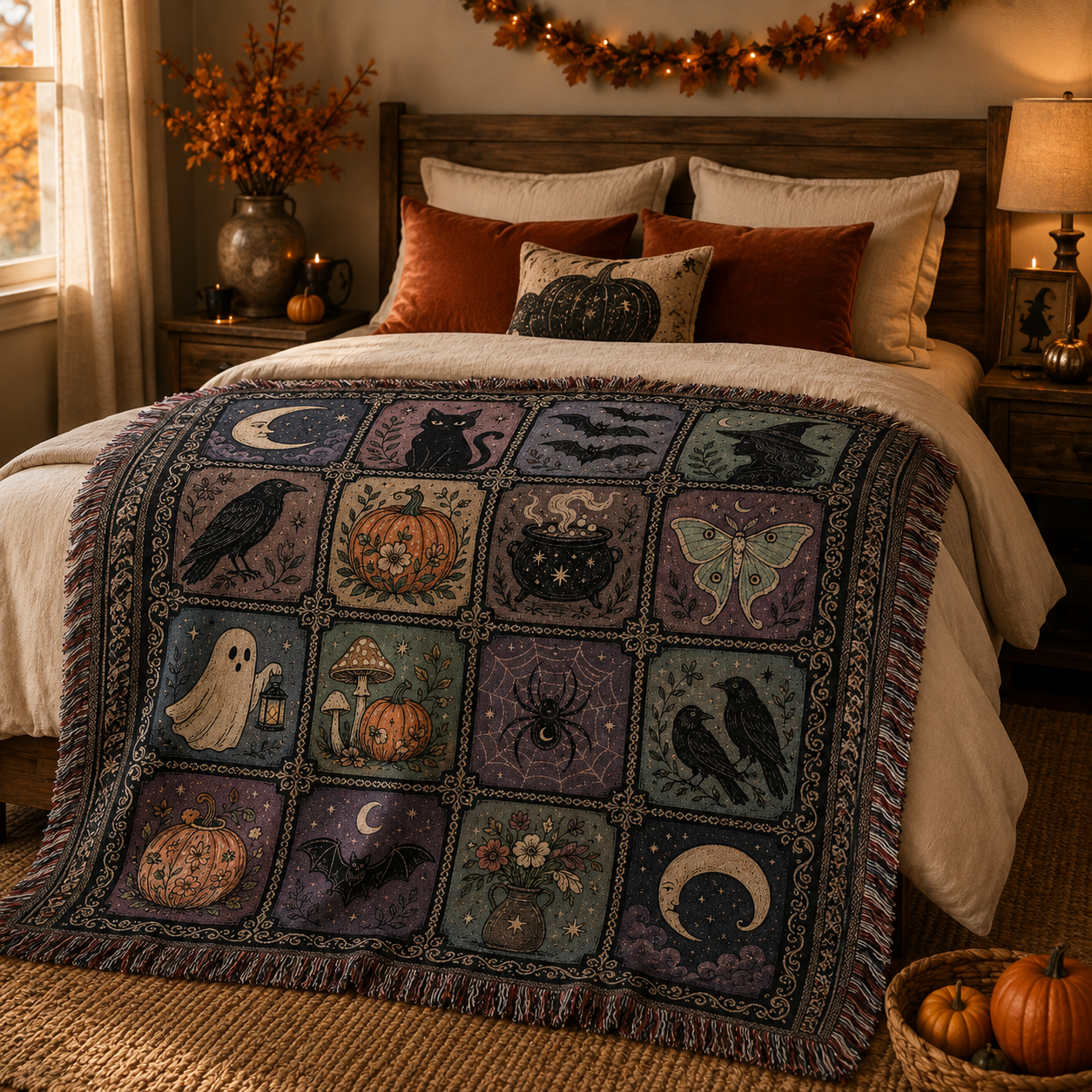 Witchy Halloween woven blanket styled across a cozy autumn bedroom with pumpkins and warm lighting