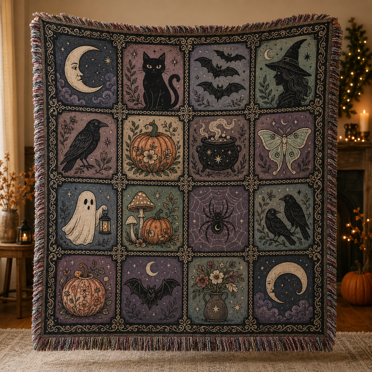Witchy Halloween woven blanket with black cat crescent moon ghost pumpkin bats and fringe