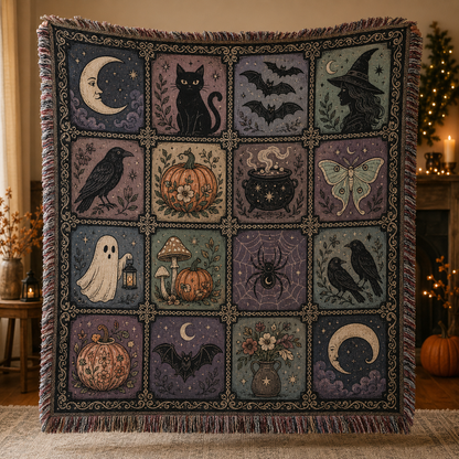 Witchy Halloween woven blanket with black cat crescent moon ghost pumpkin bats and fringe