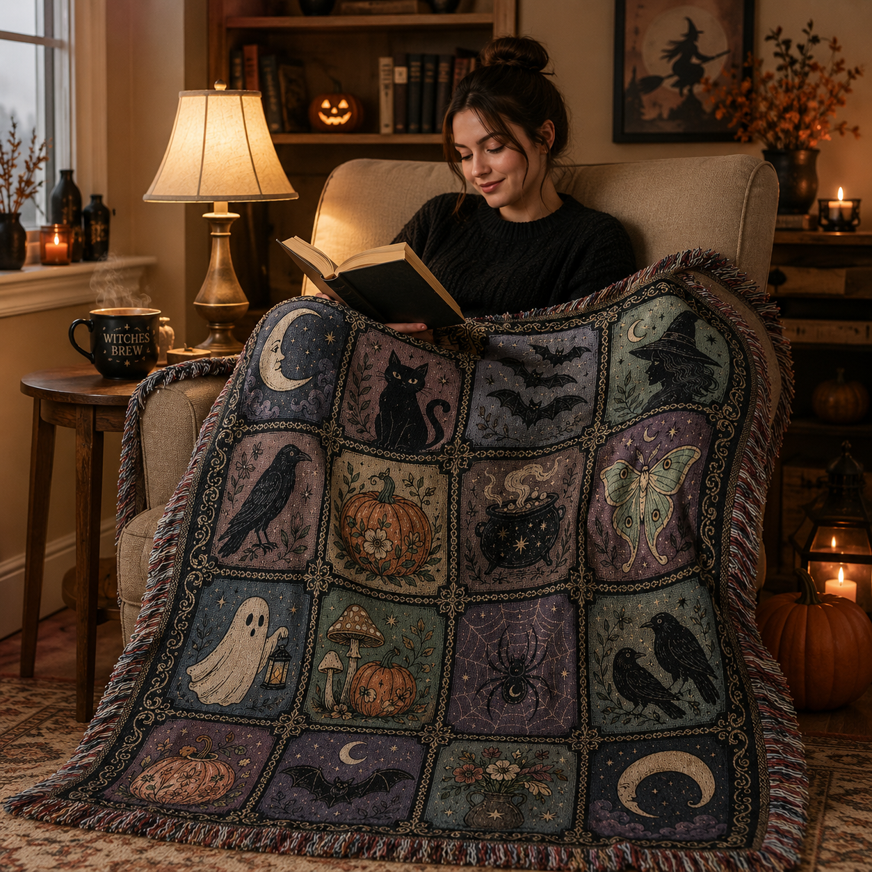 Reader wrapped in a soft witchy Halloween woven blanket with black cat moon ghost pumpkin and fringe