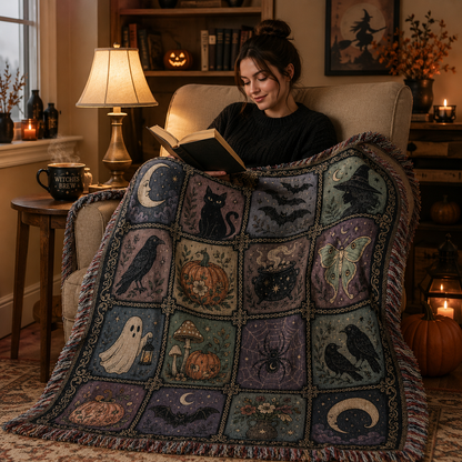 Reader wrapped in a soft witchy Halloween woven blanket with black cat moon ghost pumpkin and fringe