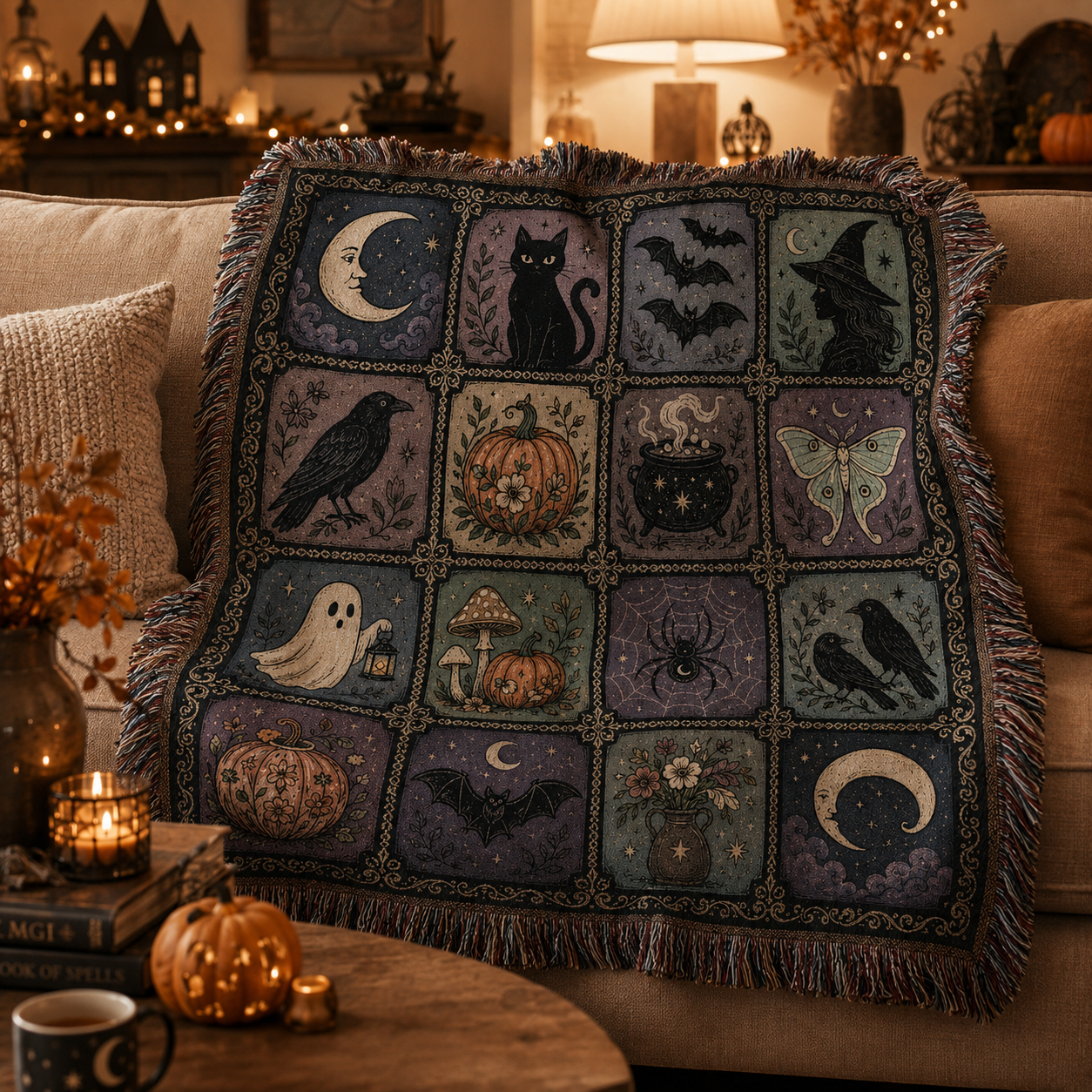 Soft witchy Halloween woven blanket draped on a cozy sofa with pumpkins candles and autumn decor