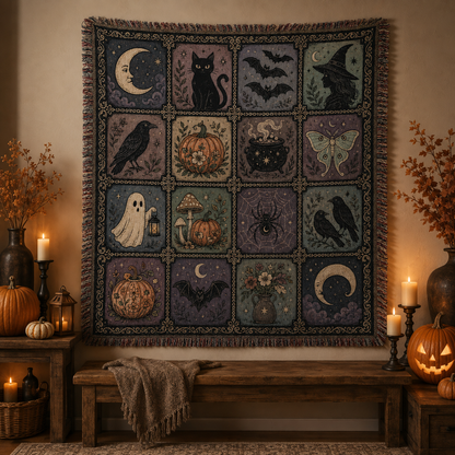 Witchy Halloween woven blanket displayed as wall decor with pumpkins candles and autumn branches