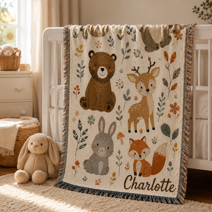 Woodland animals woven blanket in cozy reading corner