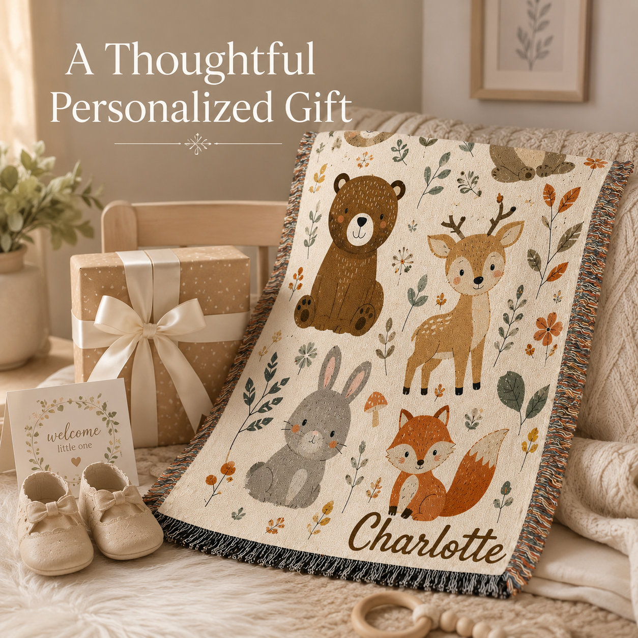 Woodland animals woven blanket styled with gift props