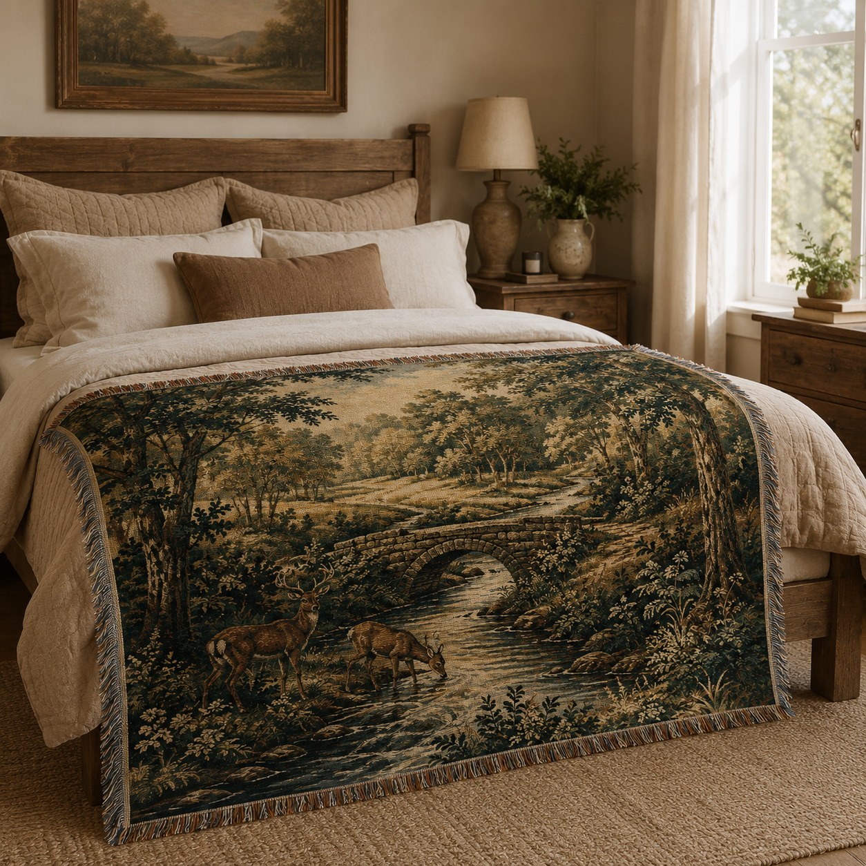 Woodland deer stream woven blanket styled across a warm rustic bedroom