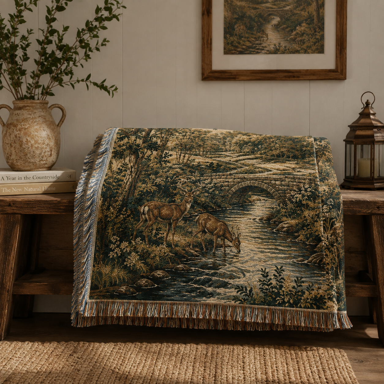Folded woodland deer stream woven blanket styled on a rustic wooden bench