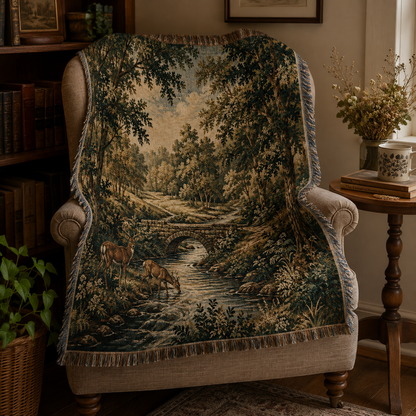 Woodland deer stream woven blanket displayed on an armchair in a cozy reading nook