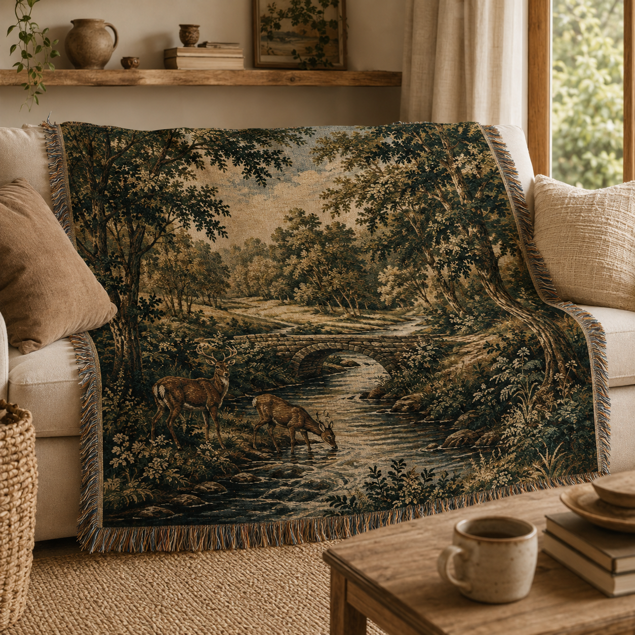 Woodland deer stream woven blanket draped over a neutral sofa in a rustic living room