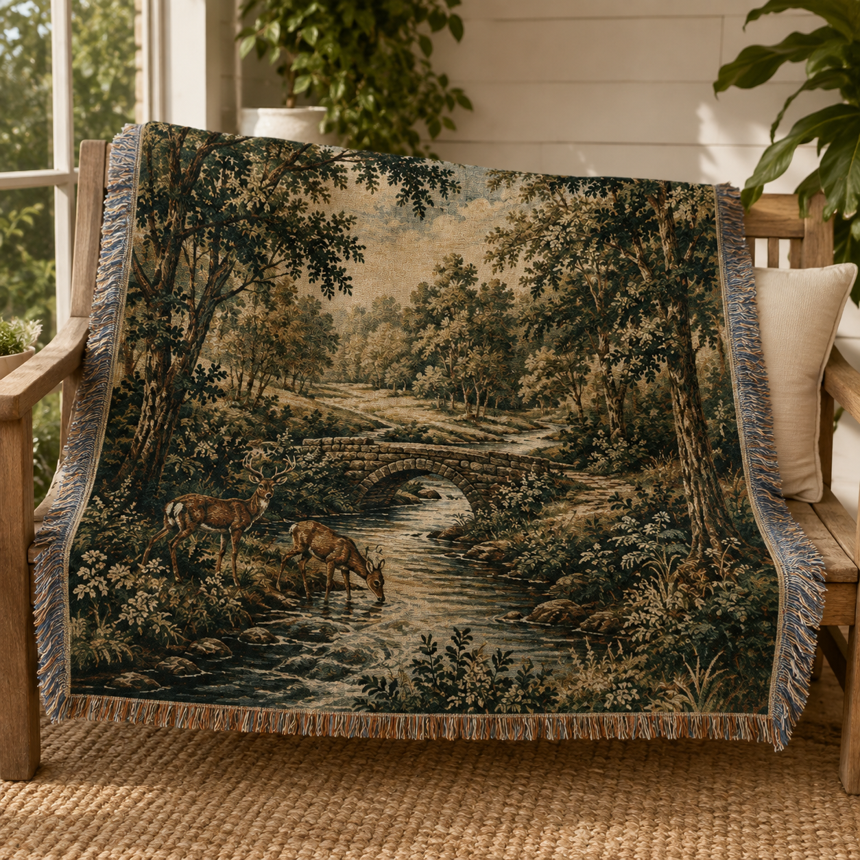 Woodland deer stream woven blanket displayed on a sunlit wooden bench