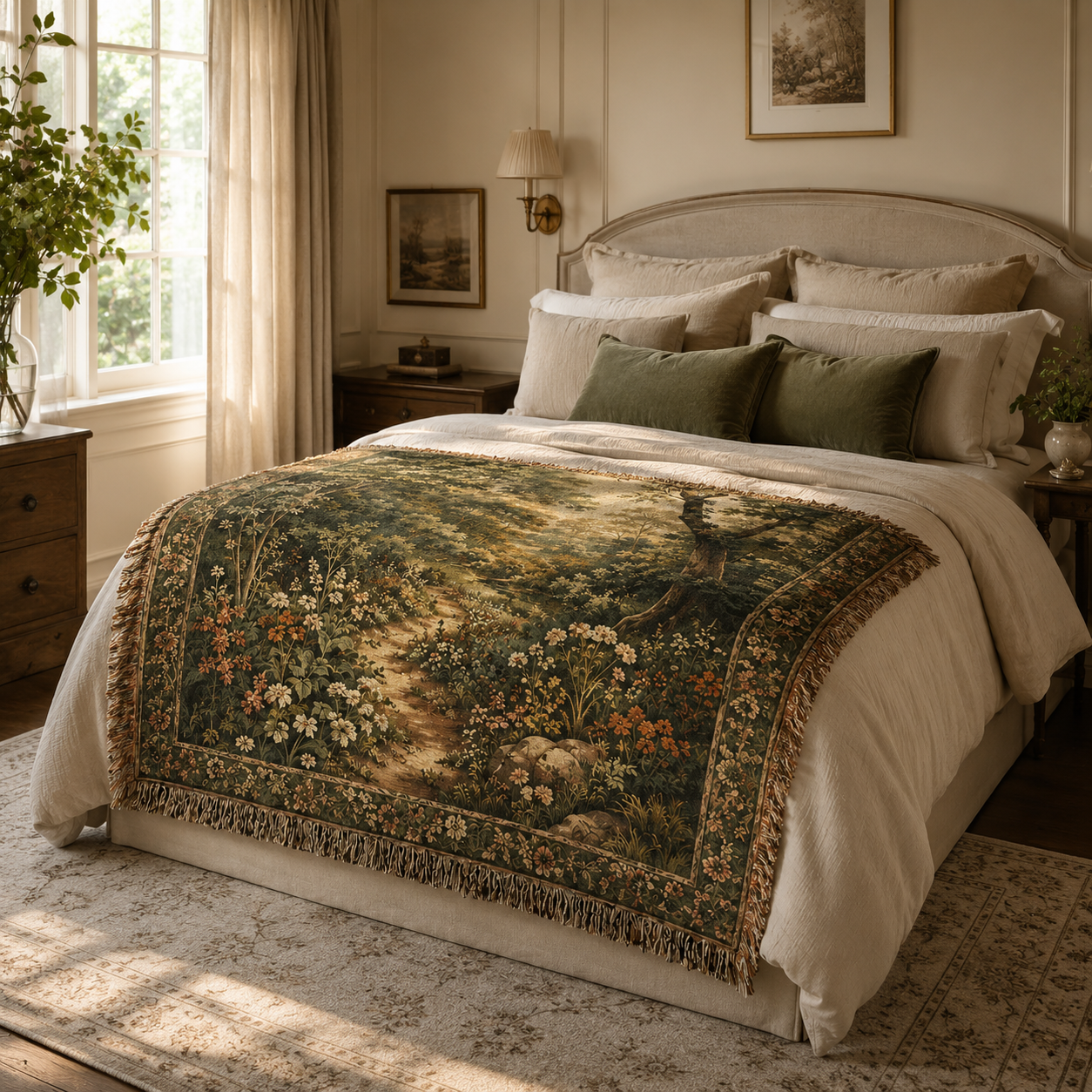Forest wildflower woven blanket styled across the foot of an elegant neutral bed