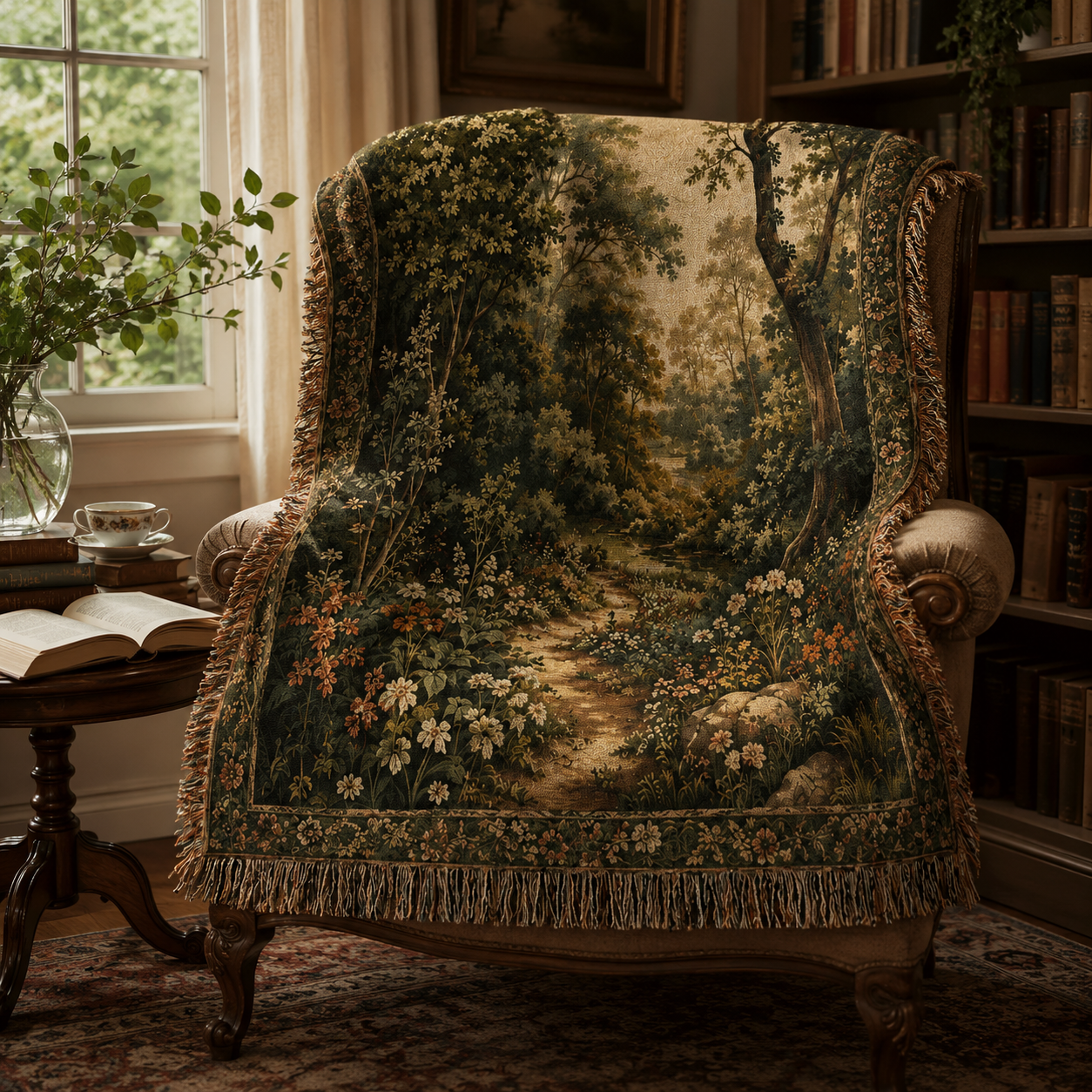 Vintage woodland woven blanket displayed on an armchair in a cozy reading nook