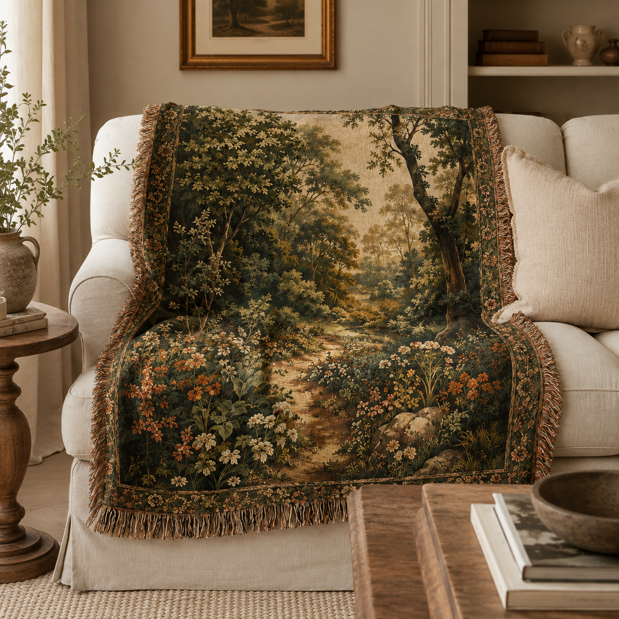 Woodland garden woven blanket draped over a cream sofa in a warm living room