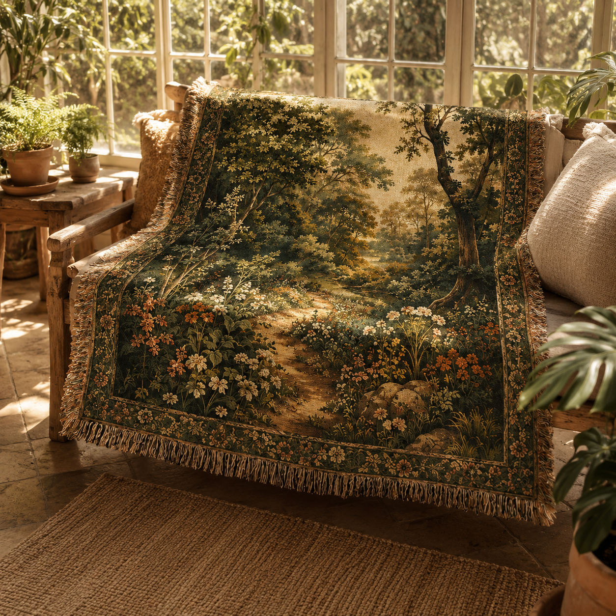 Forest garden woven blanket draped over a rustic bench in a sunlit botanical room