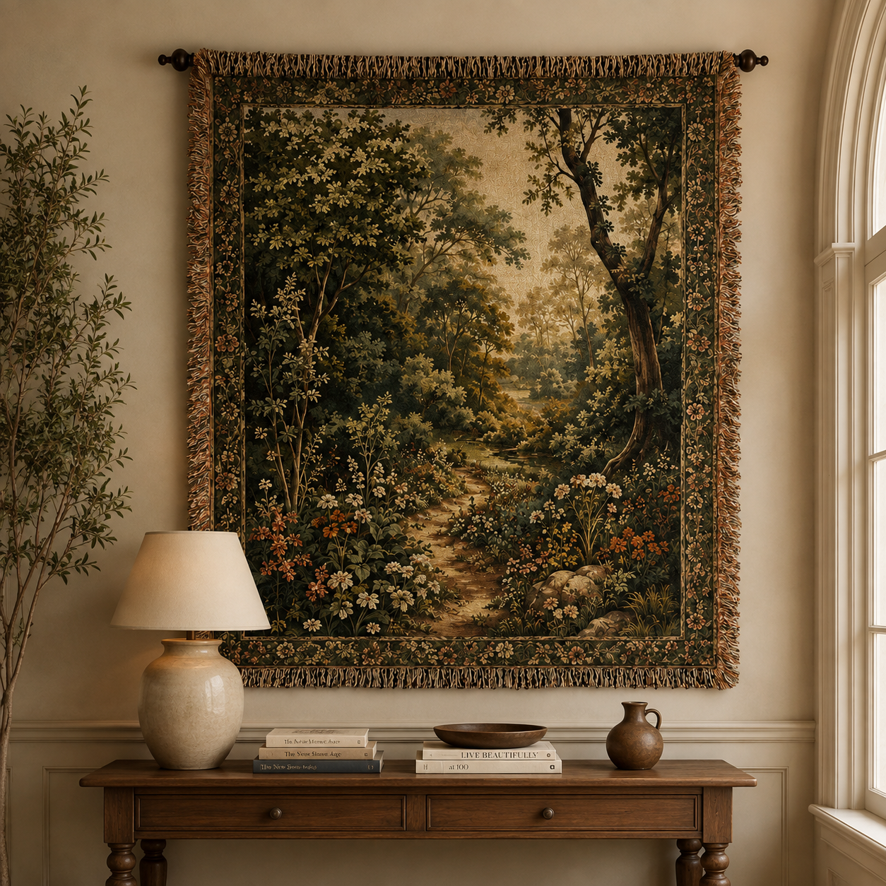 Woodland garden woven blanket displayed as wall tapestry decor above a wooden console