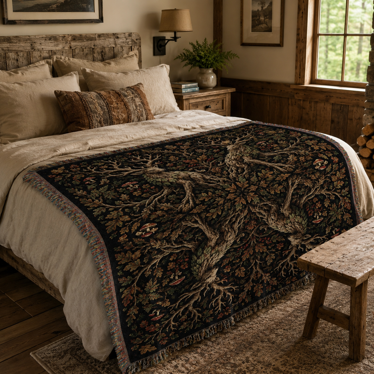 Woodland guardian deer woven blanket spread across a rustic cabin bedroom bed