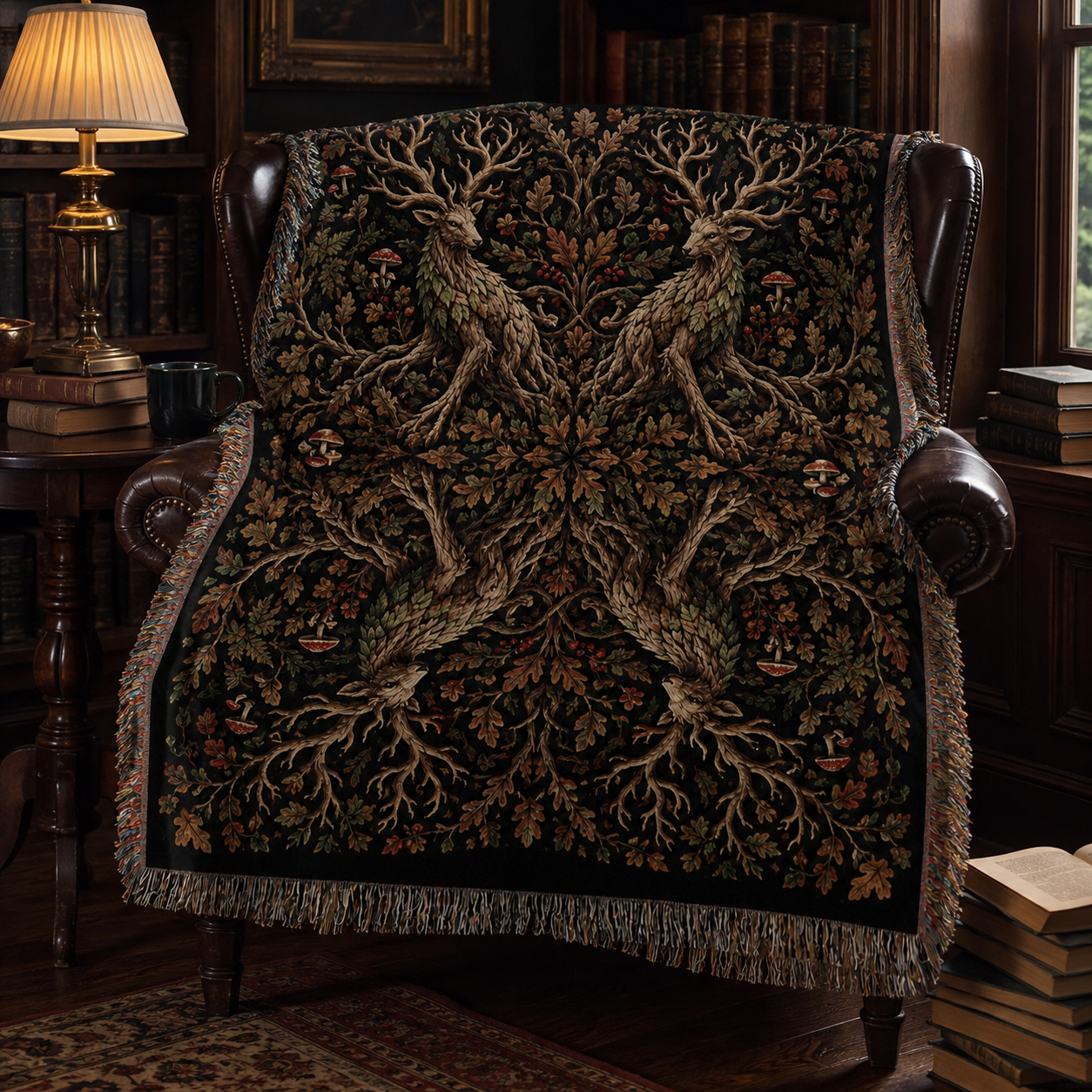 Woodland guardian deer woven throw styled on a dark academia leather reading chair