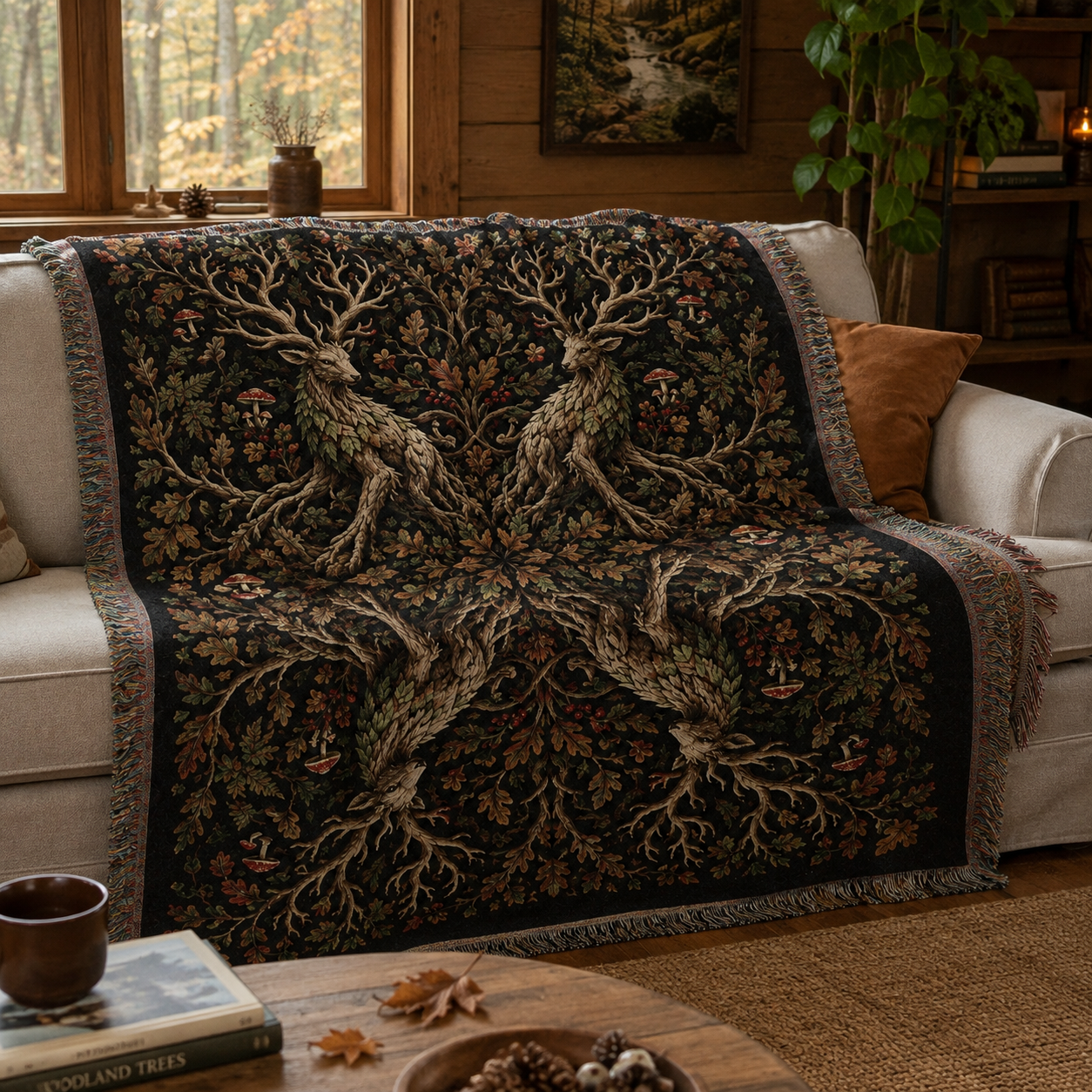 Dark woodland guardian deer woven blanket draped across a cozy rustic cabin sofa