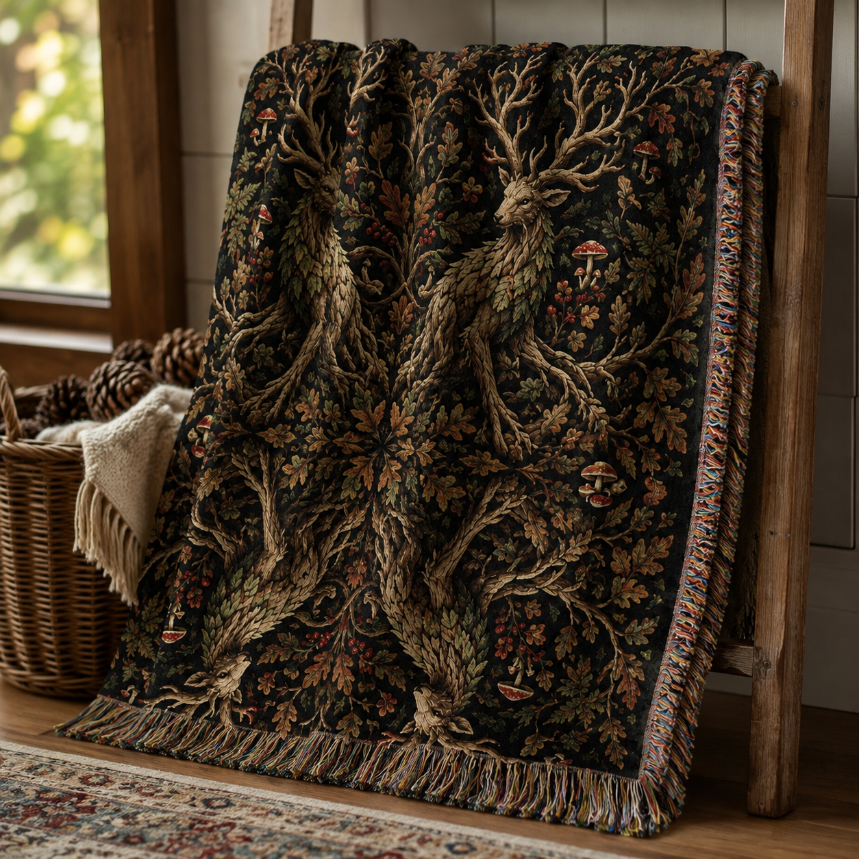 Close view of woodland guardian deer woven blanket texture, mushrooms, foliage and multicolor fringe