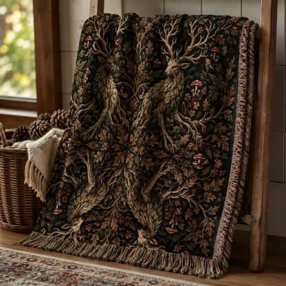 Close view of woodland guardian deer woven blanket texture, mushrooms, foliage and multicolor fringe